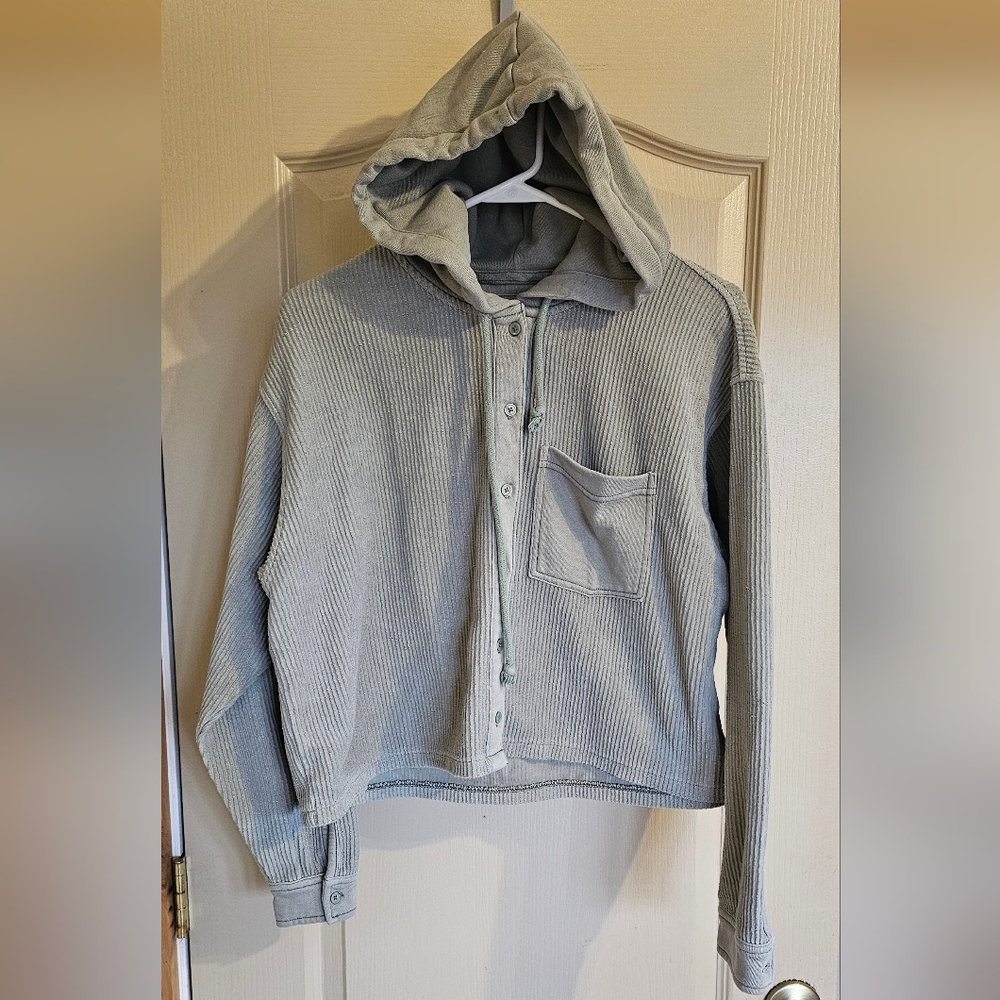 AE Cropped Half Waffle Button-Up Hoodie Small - Picture 1 of 5